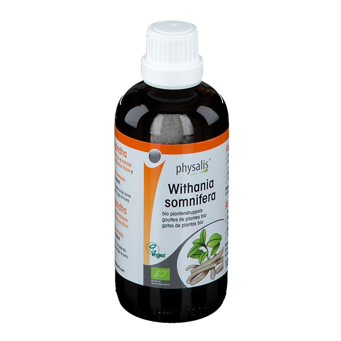 Bruine fles met witte dop. Opschrift: physalis Withania somnifera. Vegan-zegel. Afbeelding van planten.