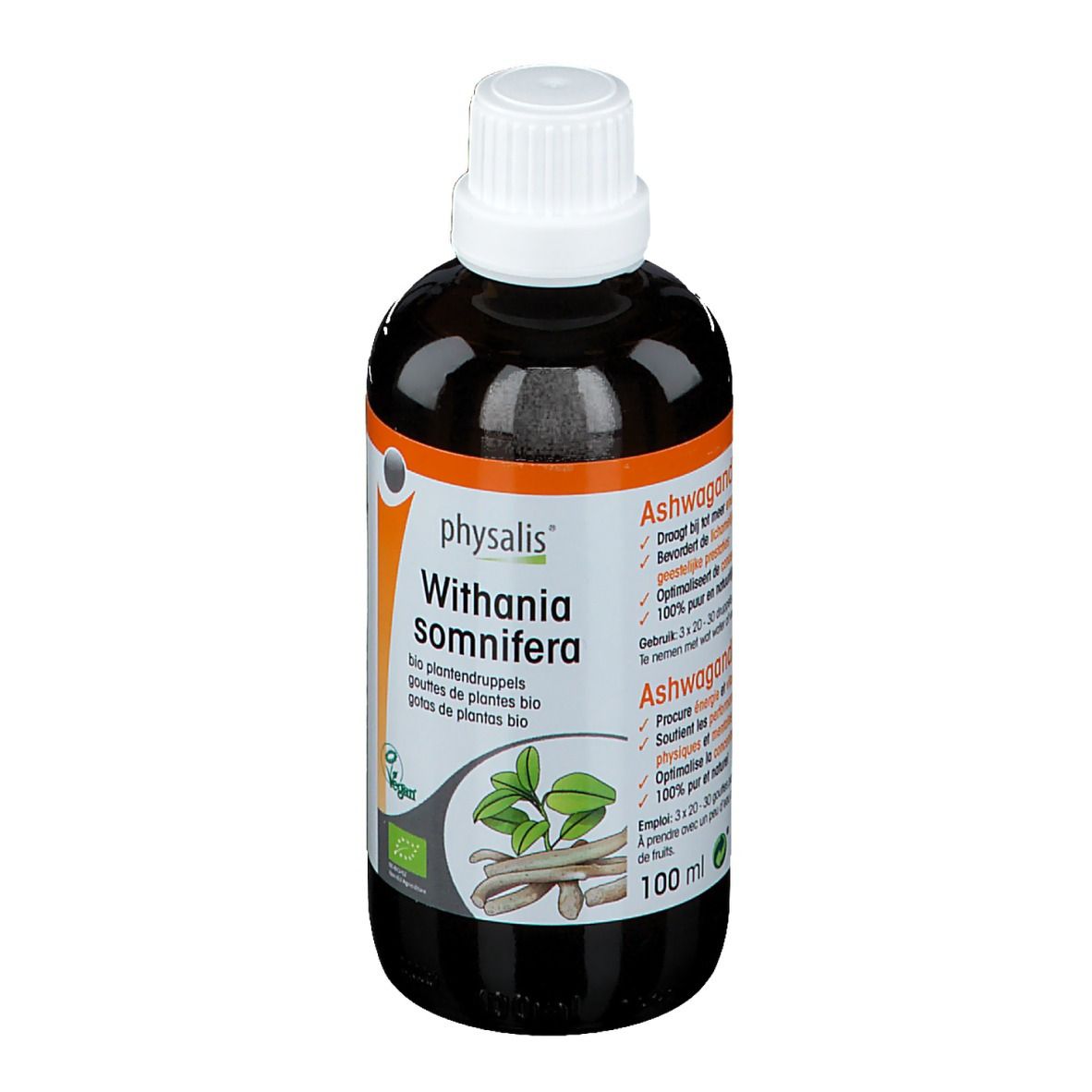 Bruine fles met witte dop. Opschrift: physalis Withania somnifera. Vegan-zegel. Afbeelding van planten.