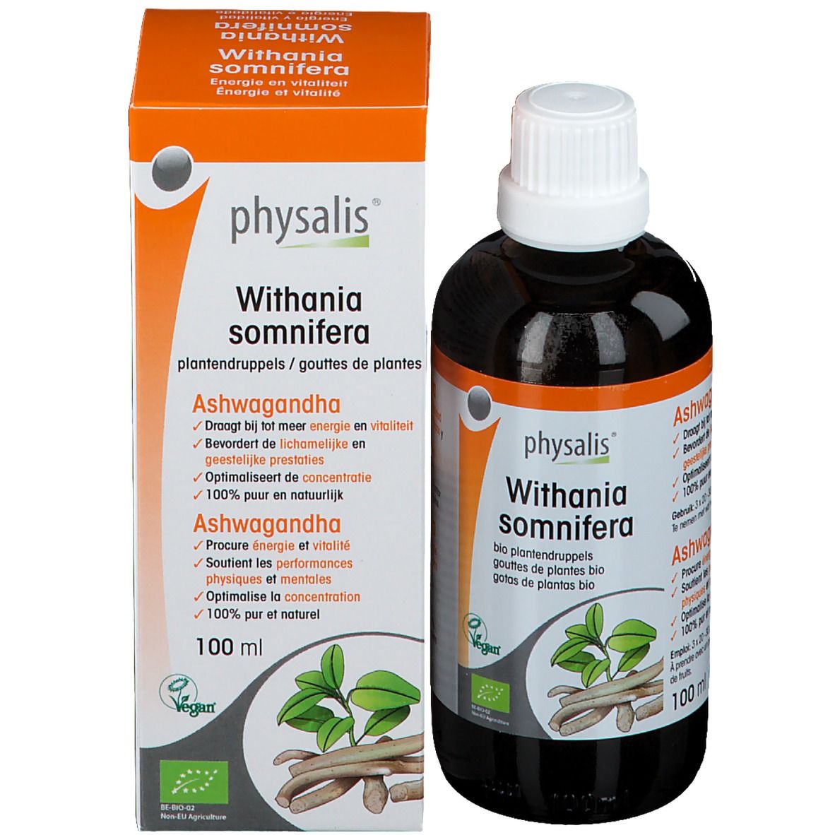 Productfles en doos. Opschrift: physalis Withania somnifera. 100 ml. Vegan-zegel. Tekst in het Nederlands.