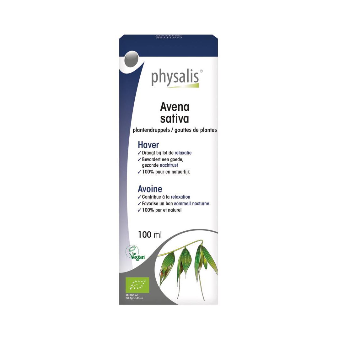 Emballage avec inscription : physalis® Avena sativa, 100 ml. Bouteille de liquide brun avec bouchon blanc.