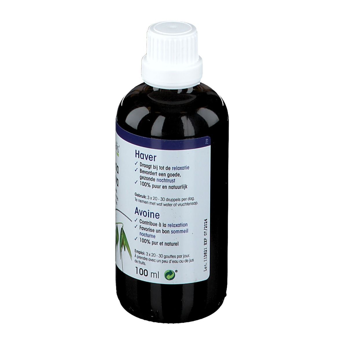 Flasche mit brauner Flüssigkeit und weißem Verschluss. Aufschrift: physalis® Avena sativa. Rückseite mit Produktinformationen.