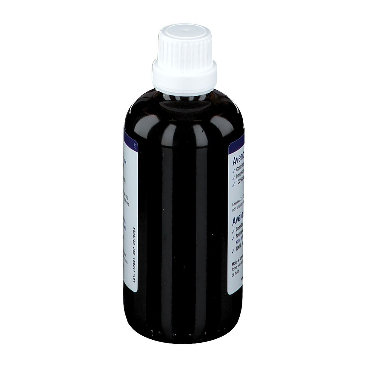 Flasche mit brauner Flüssigkeit und weißem Verschluss. Rückseite mit Produktinformationen. Aufschrift: Avena, 100% pur und natürlich.