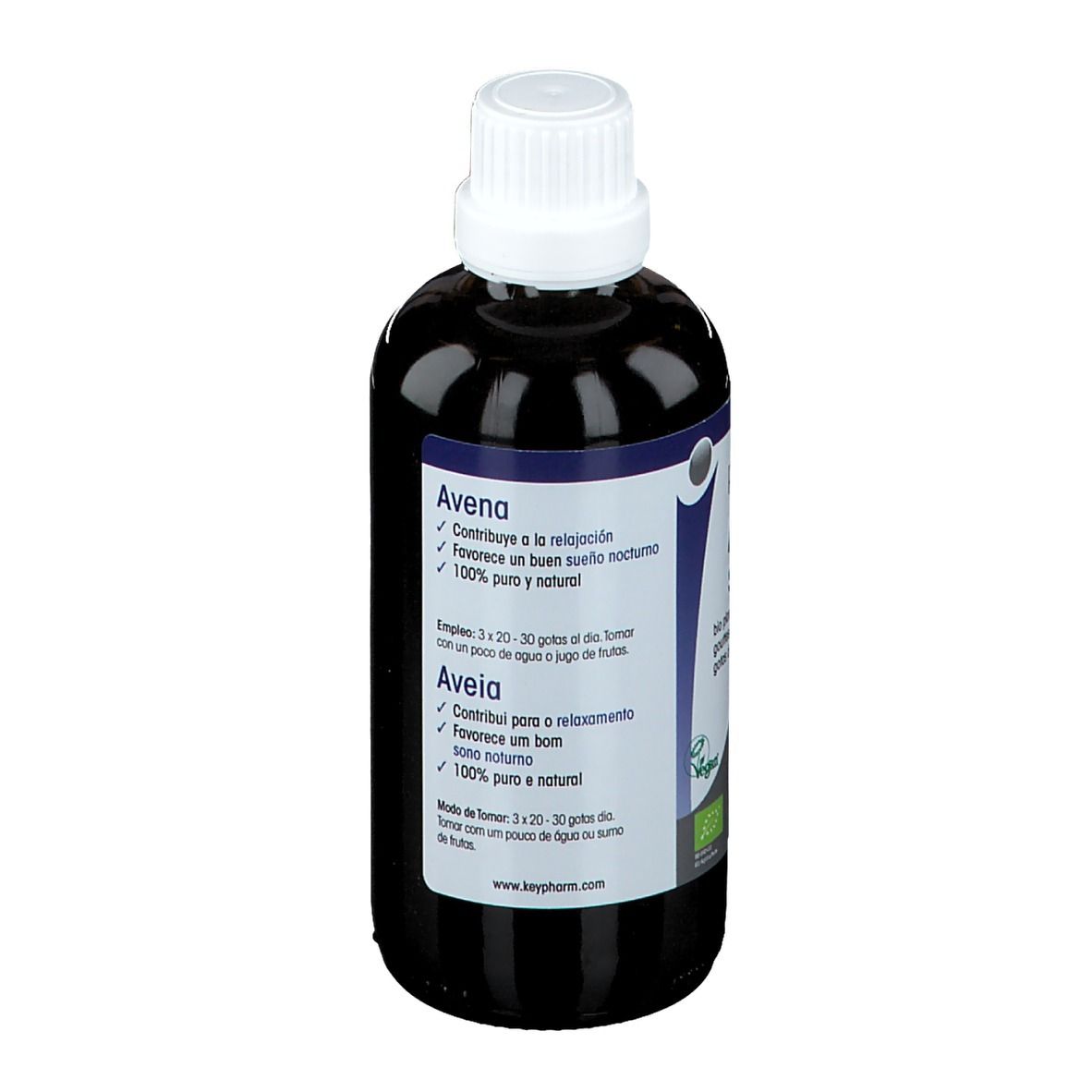 Flasche mit brauner Flüssigkeit und weißem Verschluss. Rückseite mit Produktinformationen. Aufschrift: Avena, 100% pur und natürlich.