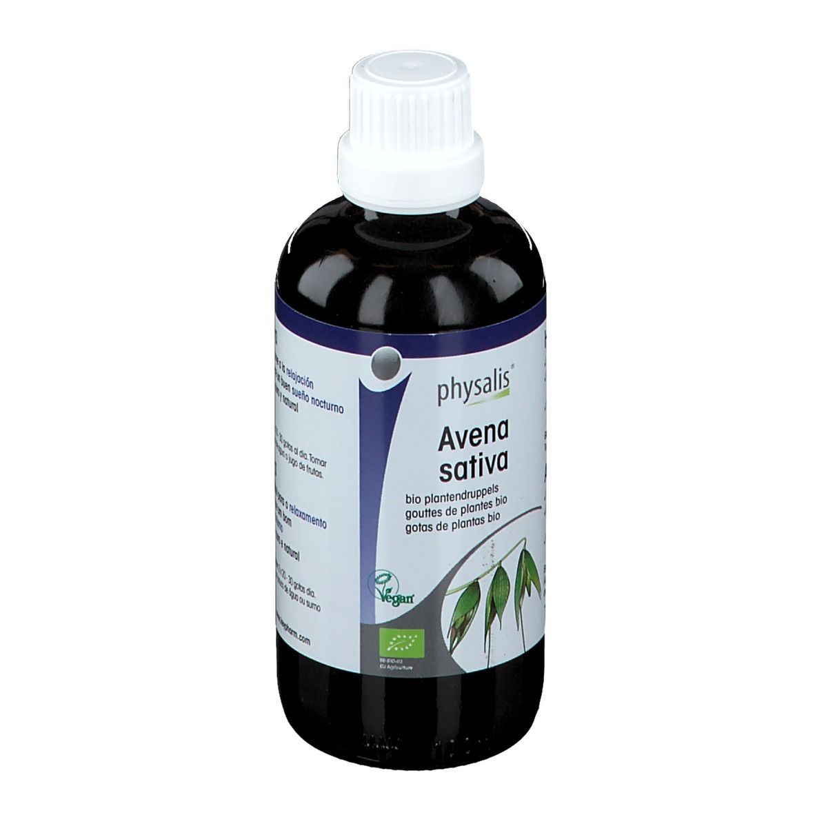 Braune Flüssigkeit in einer Flasche mit weißem Verschluss. Aufschrift: physalis® Avena sativa, bio Pflanzentropfen.