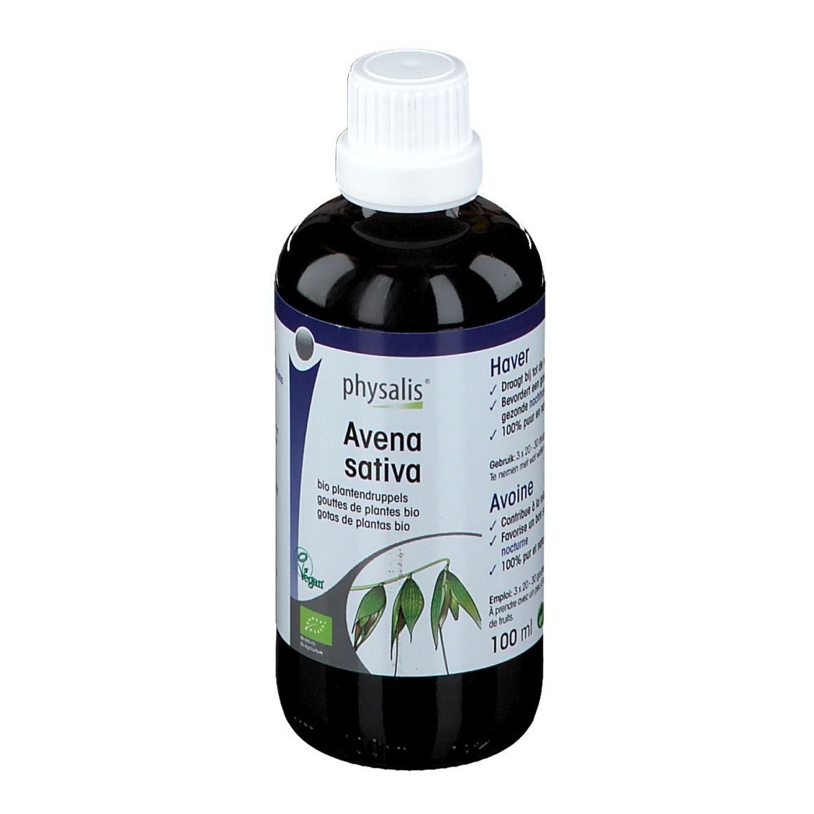 Flasche mit brauner Flüssigkeit und weißem Verschluss. Aufschrift: physalis® Avena sativa. Rückseite mit Produktinformationen.