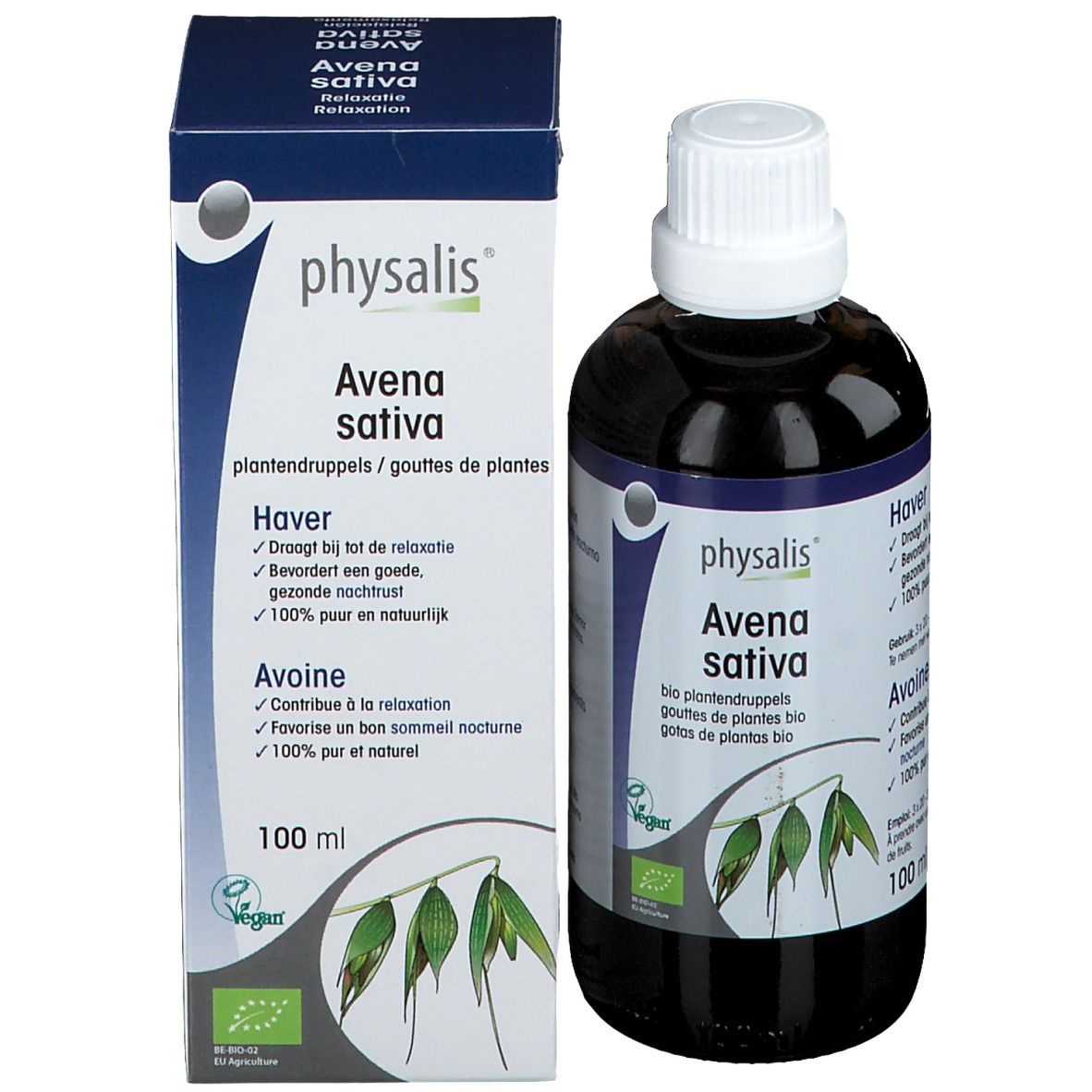 Produktverpackung und Flasche mit brauner Flüssigkeit und weißem Verschluss. Aufschrift: physalis® Avena sativa, 100 ml.