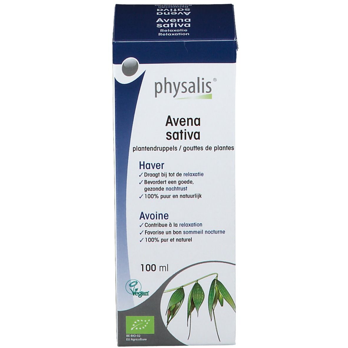 Produktverpackung mit Aufschrift: physalis® Avena sativa, 100 ml. Flasche mit brauner Flüssigkeit und weißem Verschluss.