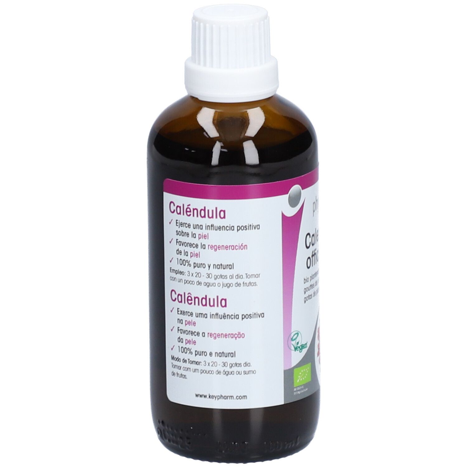 Braune Glasflasche mit weißem Deckel. Etikett mit Produktinformationen. Vegan-Logo. 100 ml.