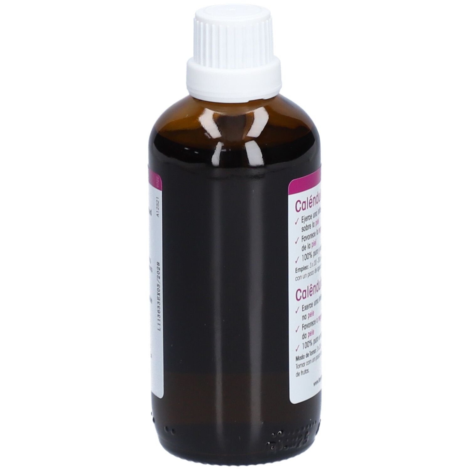 Braune Glasflasche mit weißem Deckel. Etikett mit Produktinformationen. Vegan-Logo. 100 ml.