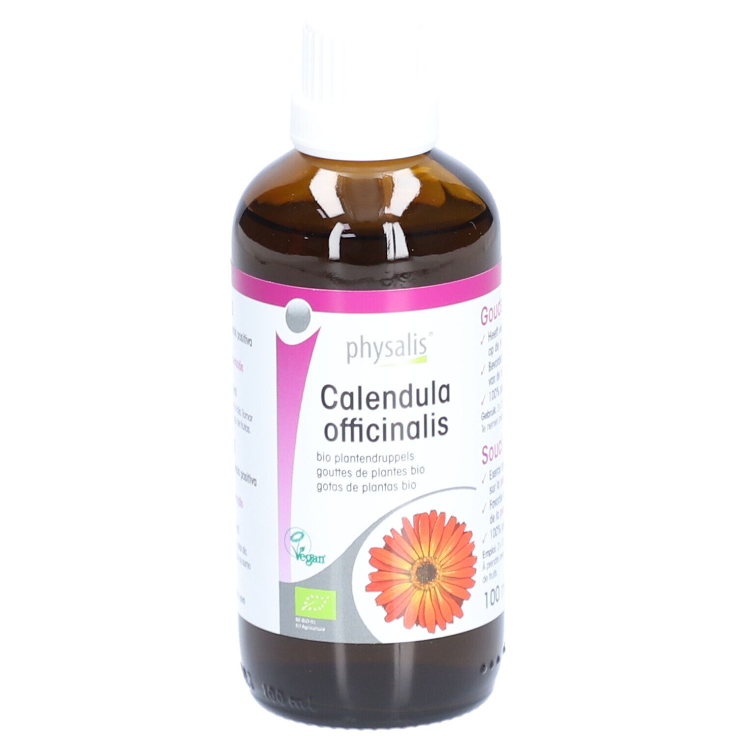 Braune Glasflasche mit weißem Deckel. Etikett mit Produktinformationen. Vegan-Logo. 100 ml.