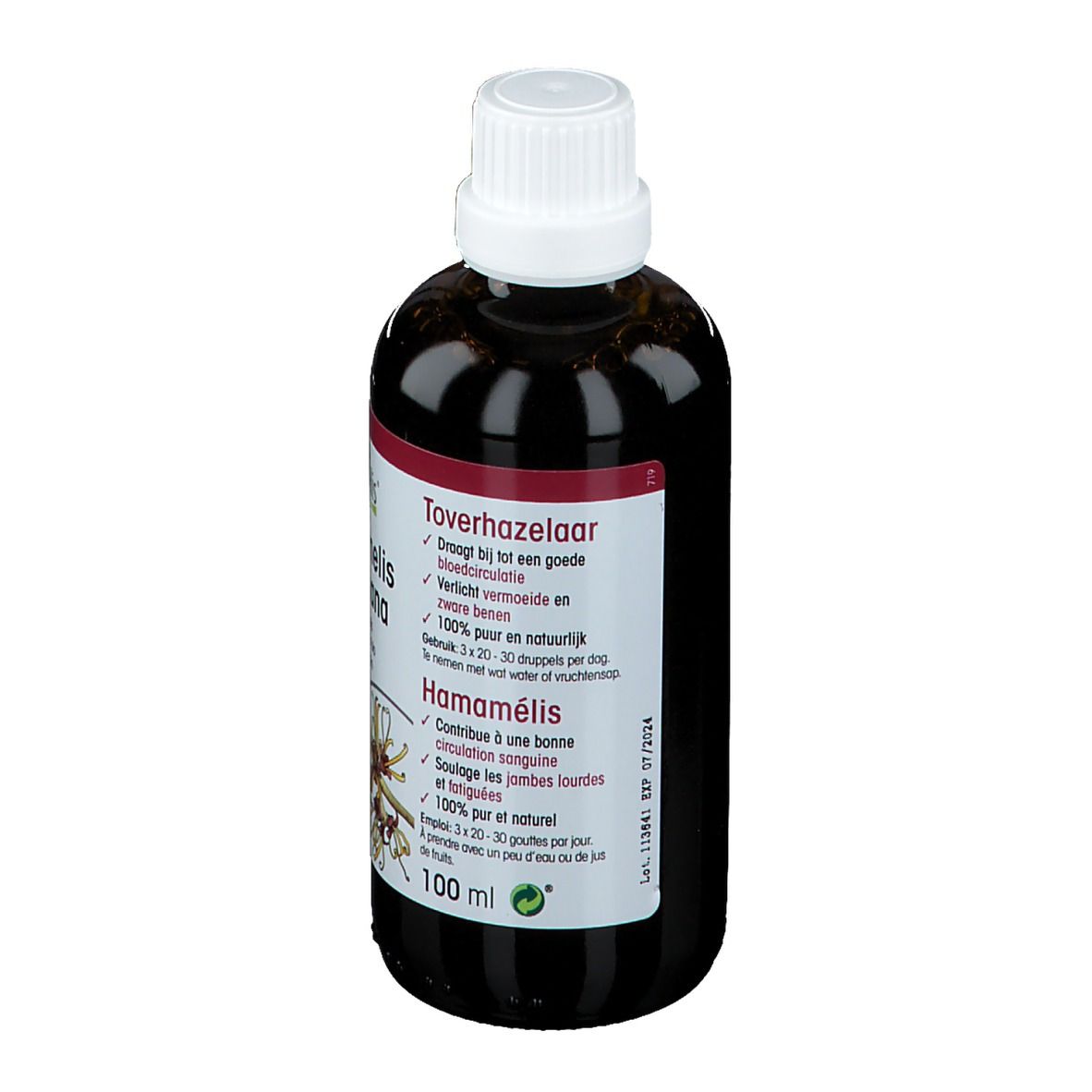 Braune Flüssigkeit in einer Flasche mit weißem Verschluss. Aufschrift: Toverhazelaar Hamamelis virginiana.