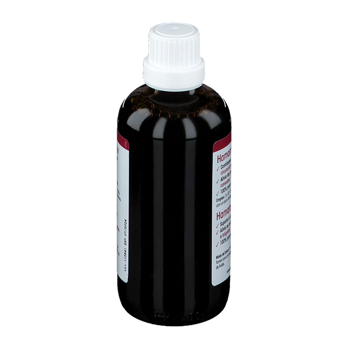 Braune Flüssigkeit in einer Flasche mit weißem Verschluss. Aufschrift: Hamamelis virginiana.
