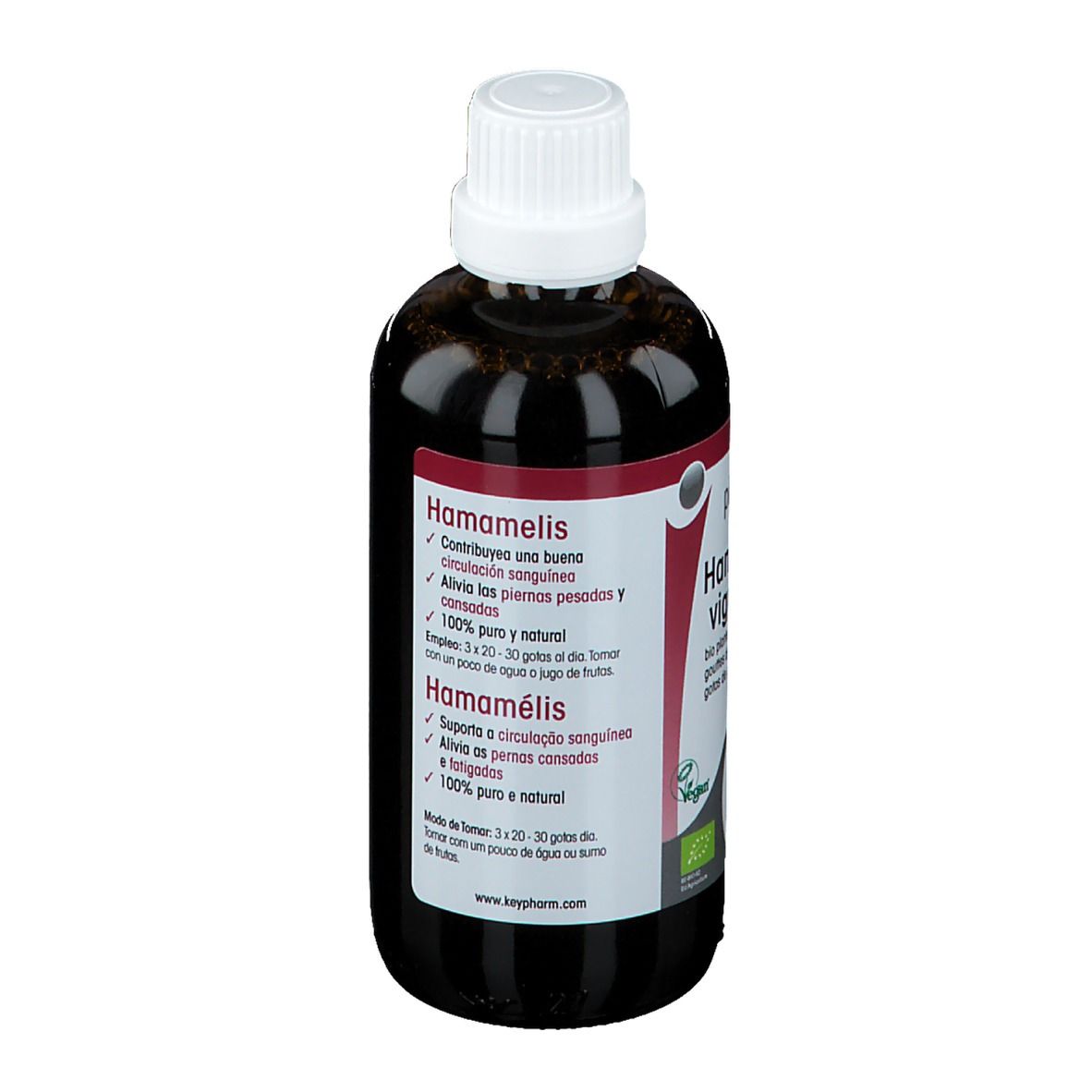Braune Flüssigkeit in einer Flasche mit weißem Verschluss. Aufschrift: Hamamelis virginiana.