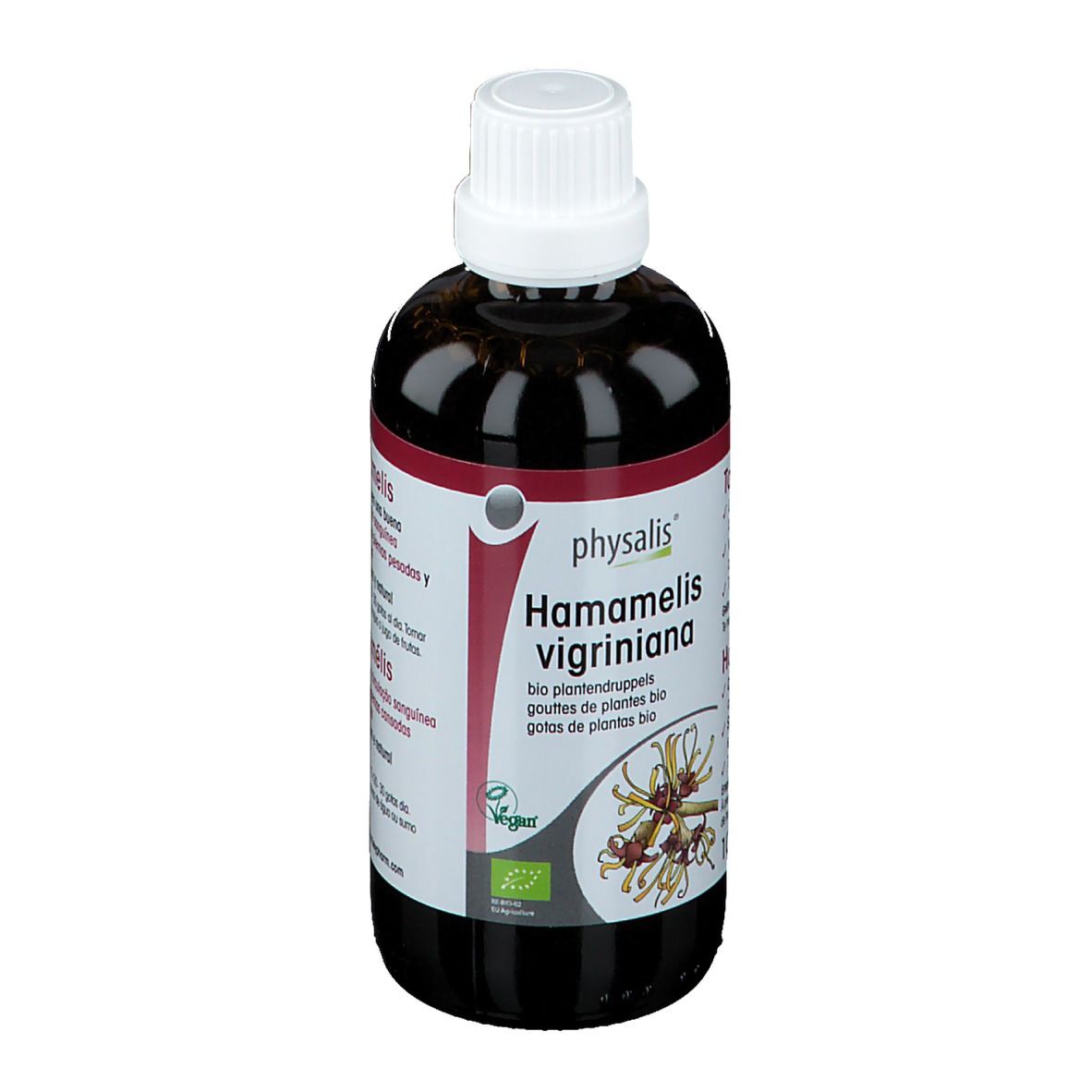 Braune Flüssigkeit in einer Flasche mit weißem Verschluss. Aufschrift: physalis Hamamelis virginiana.