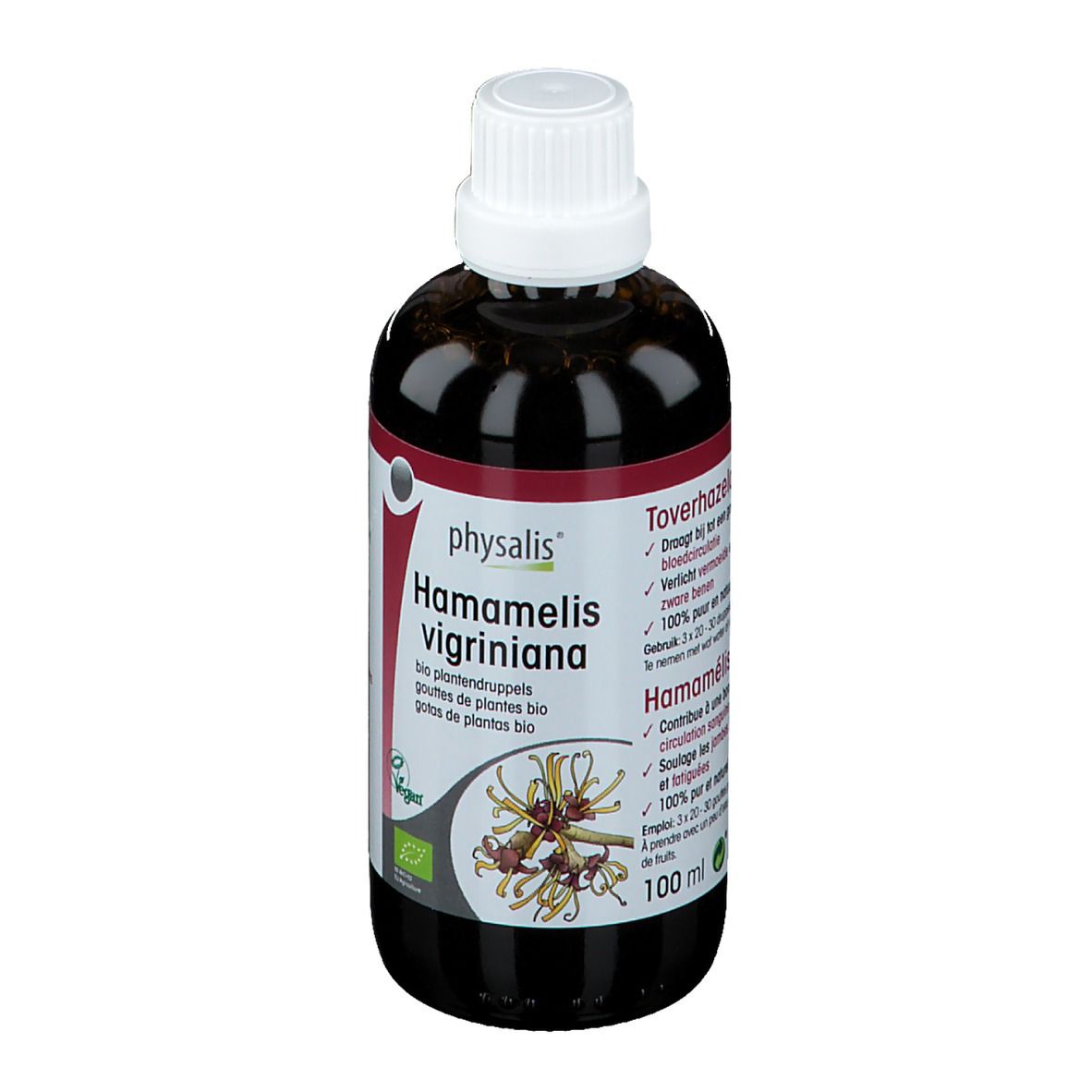 Braune Flüssigkeit in einer Flasche mit weißem Verschluss. Aufschrift: physalis Hamamelis virginiana.