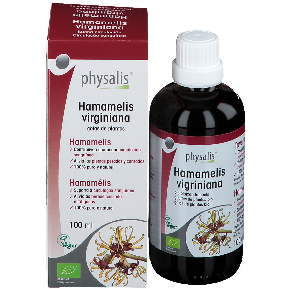 Flasche und Schachtel mit Aufschrift: physalis Hamamelis virginiana. 100 ml.