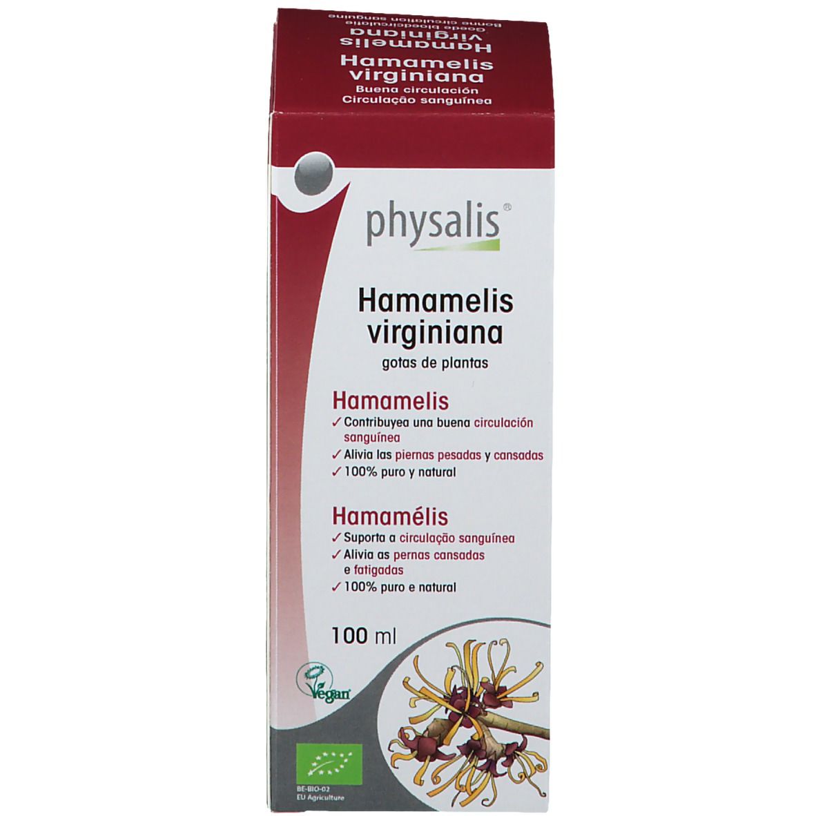Schachtel mit Aufschrift: physalis Hamamelis virginiana. 100 ml.