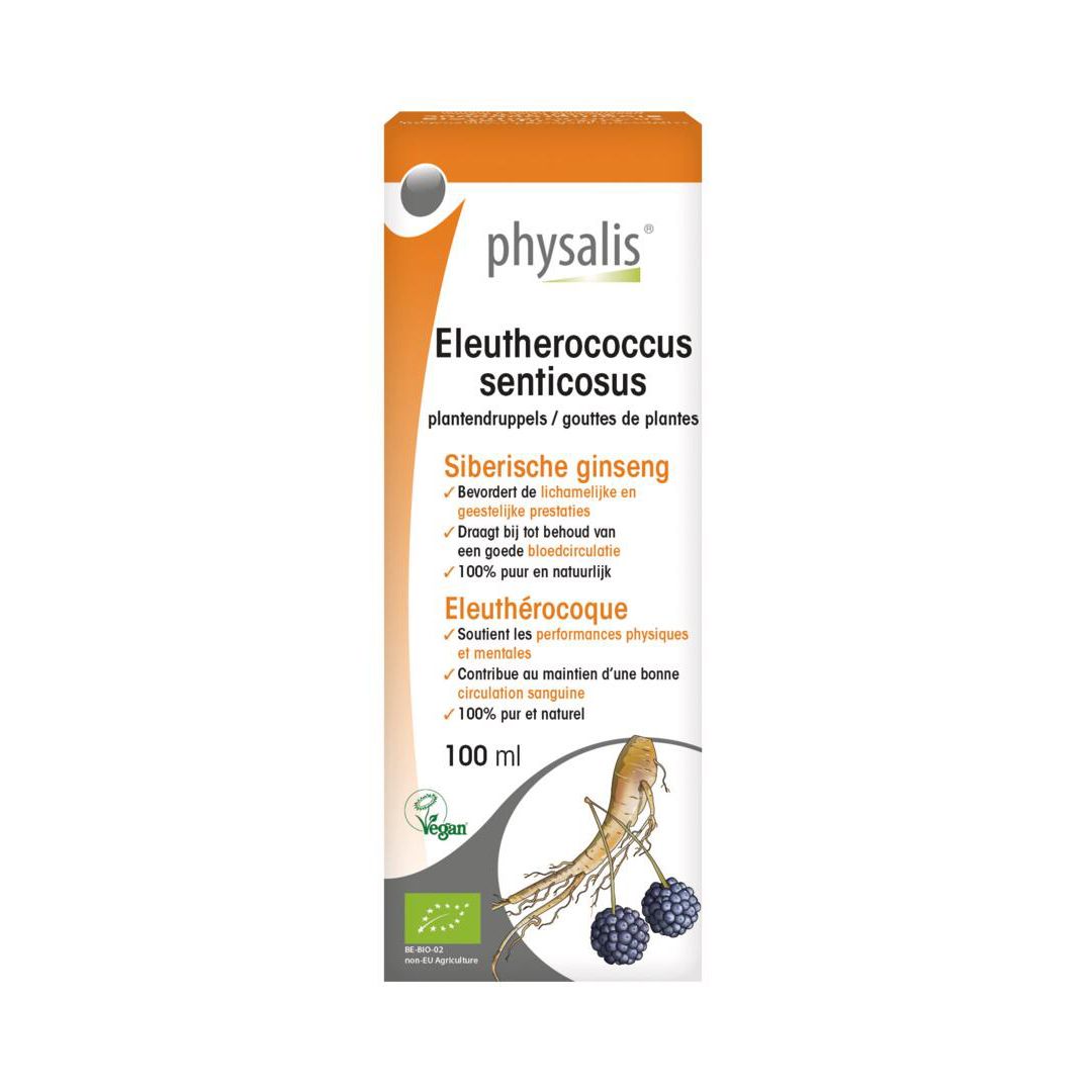 Emballage carton avec informations produit. Inscription: Physalis Eleutherococcus senticosus. Label vegan.
