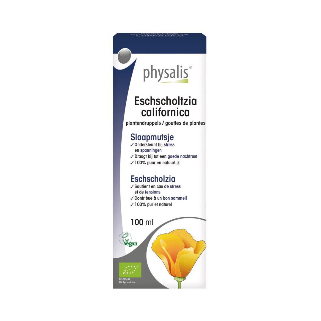 Étiquette avec inscription : Physalis Eschscholtzia californica. Label Vegan. 100 ml.