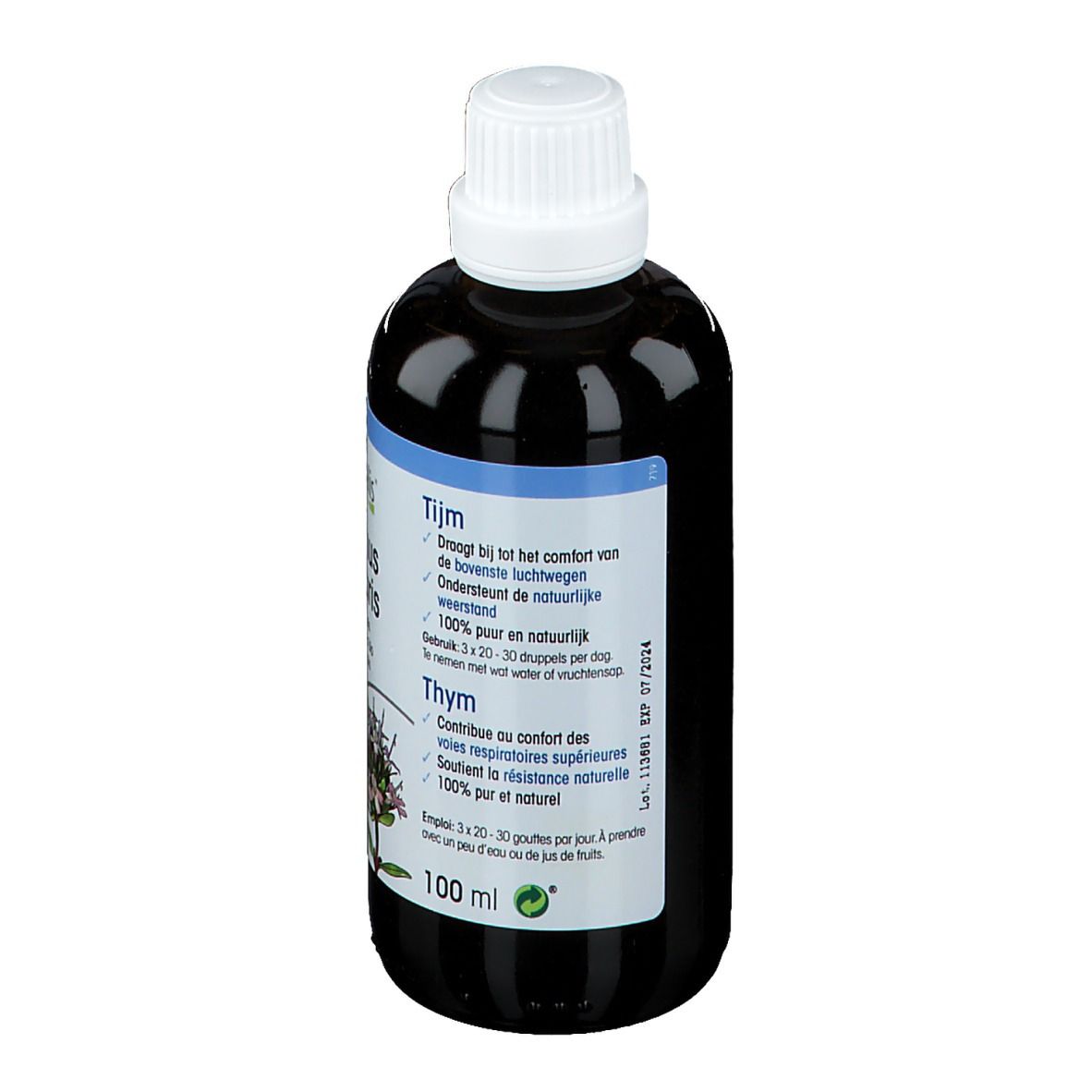 Flacon brun avec bouchon blanc. Étiquette avec informations produit en plusieurs langues. Certification bio.