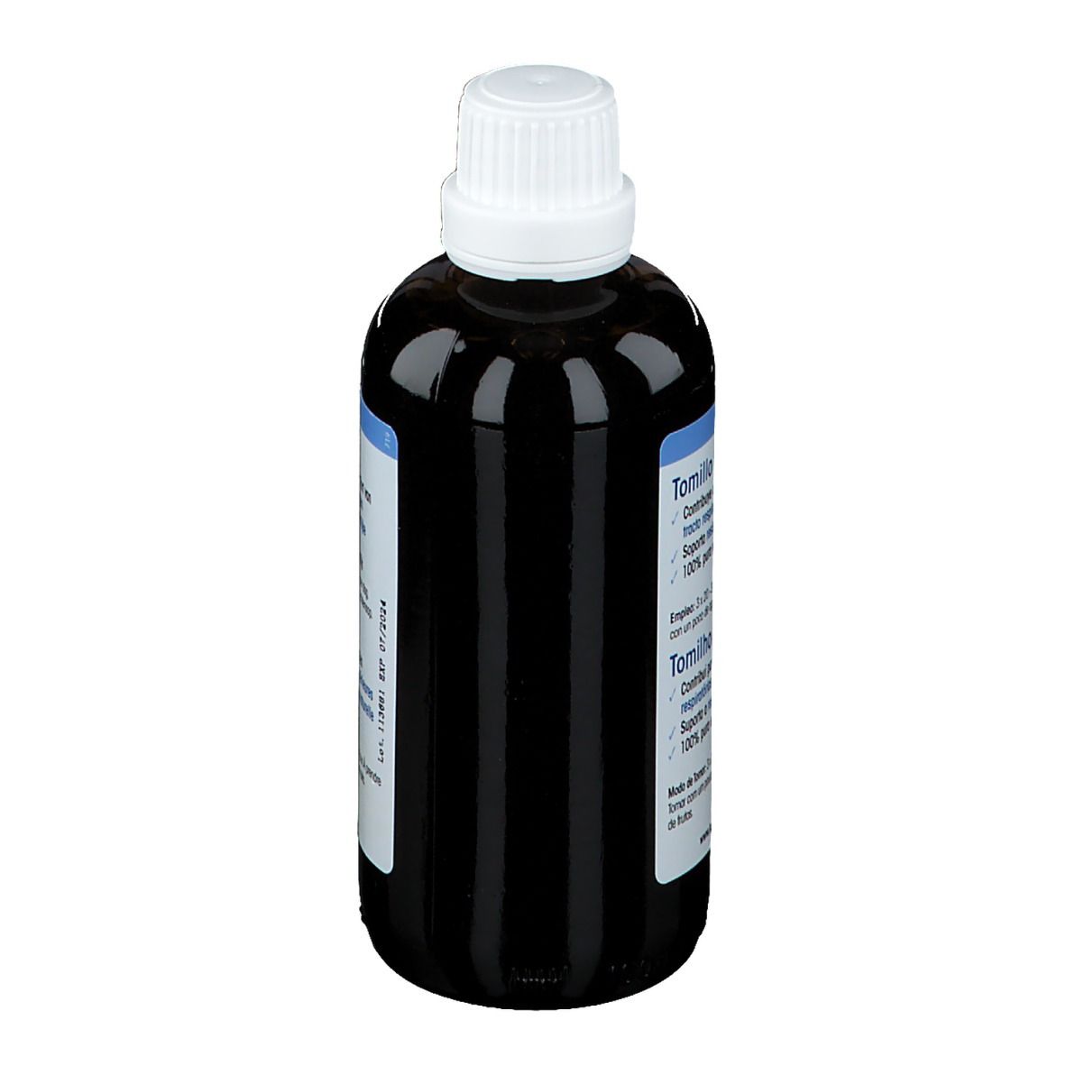 Flacon brun avec bouchon blanc. Étiquette avec informations produit. Vue arrière.