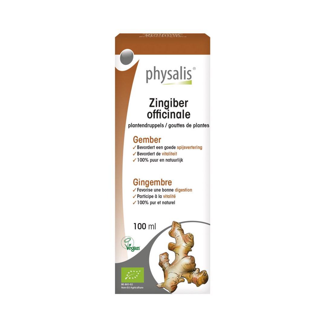 Emballage du produit. Carton avec nom du produit, illustration de gingembre et informations.