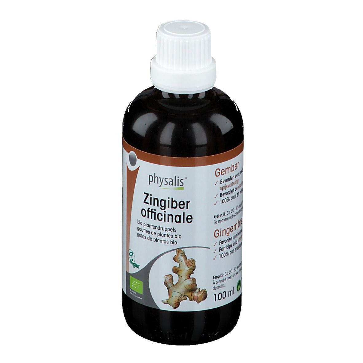 Flacon brun avec bouchon blanc. Étiquette avec nom du produit, illustration de gingembre et label bio.