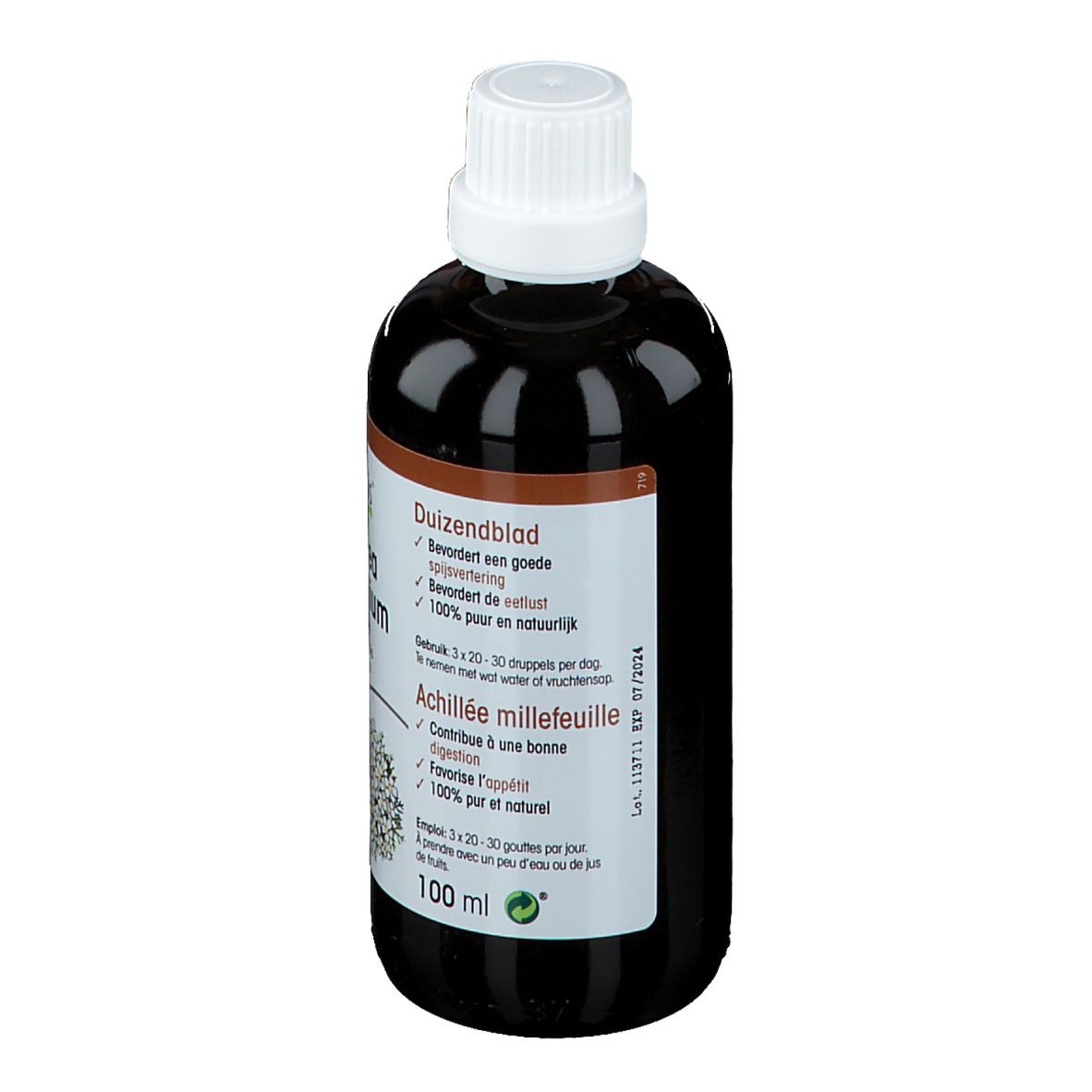 Braune Flasche mit weißem Deckel. Etikett mit Produktnamen und Logo. 100 ml.