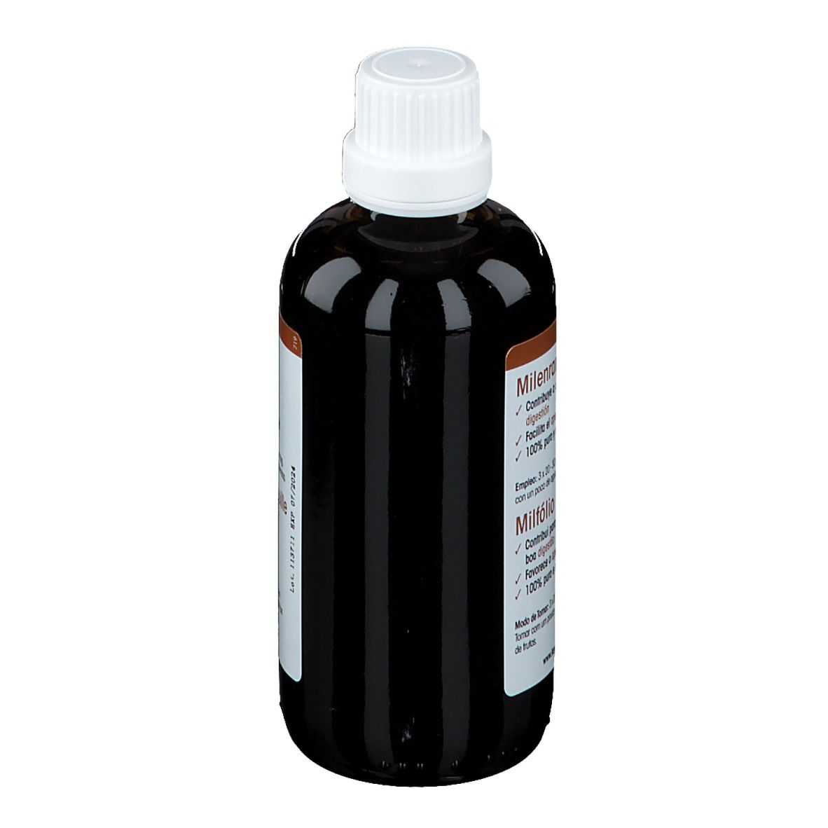 Braune Flasche mit weißem Deckel. Etikett mit Produktnamen und Logo. 100 ml.