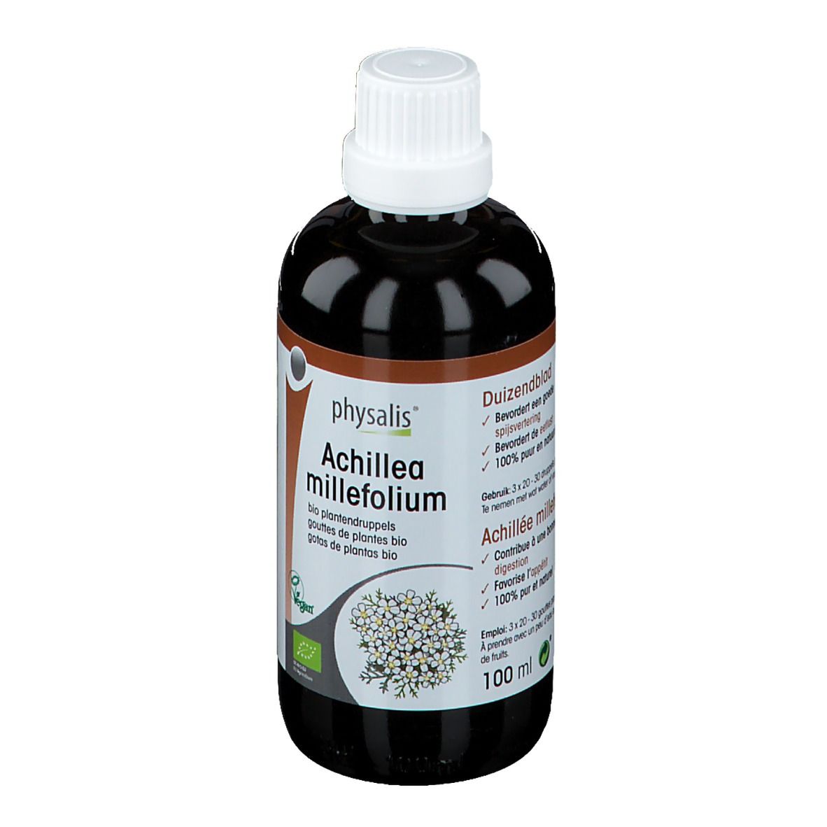 Braune Flasche mit weißem Deckel. Etikett mit Produktnamen und Logo. 100 ml.