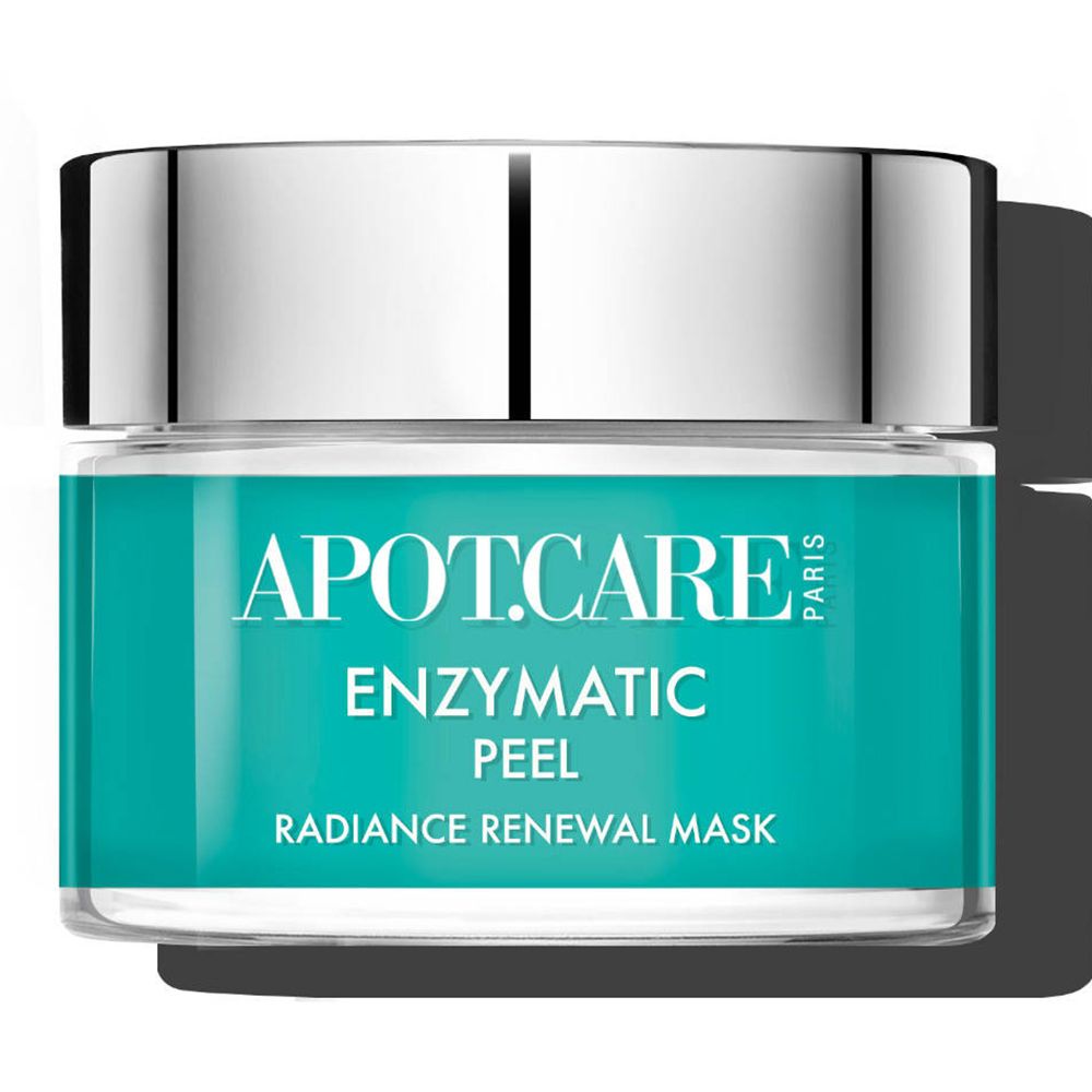 Pot de APOT.CARE Enzymatic Peel Maske. Contenu turquoise, couvercle argenté. Inscription visible.