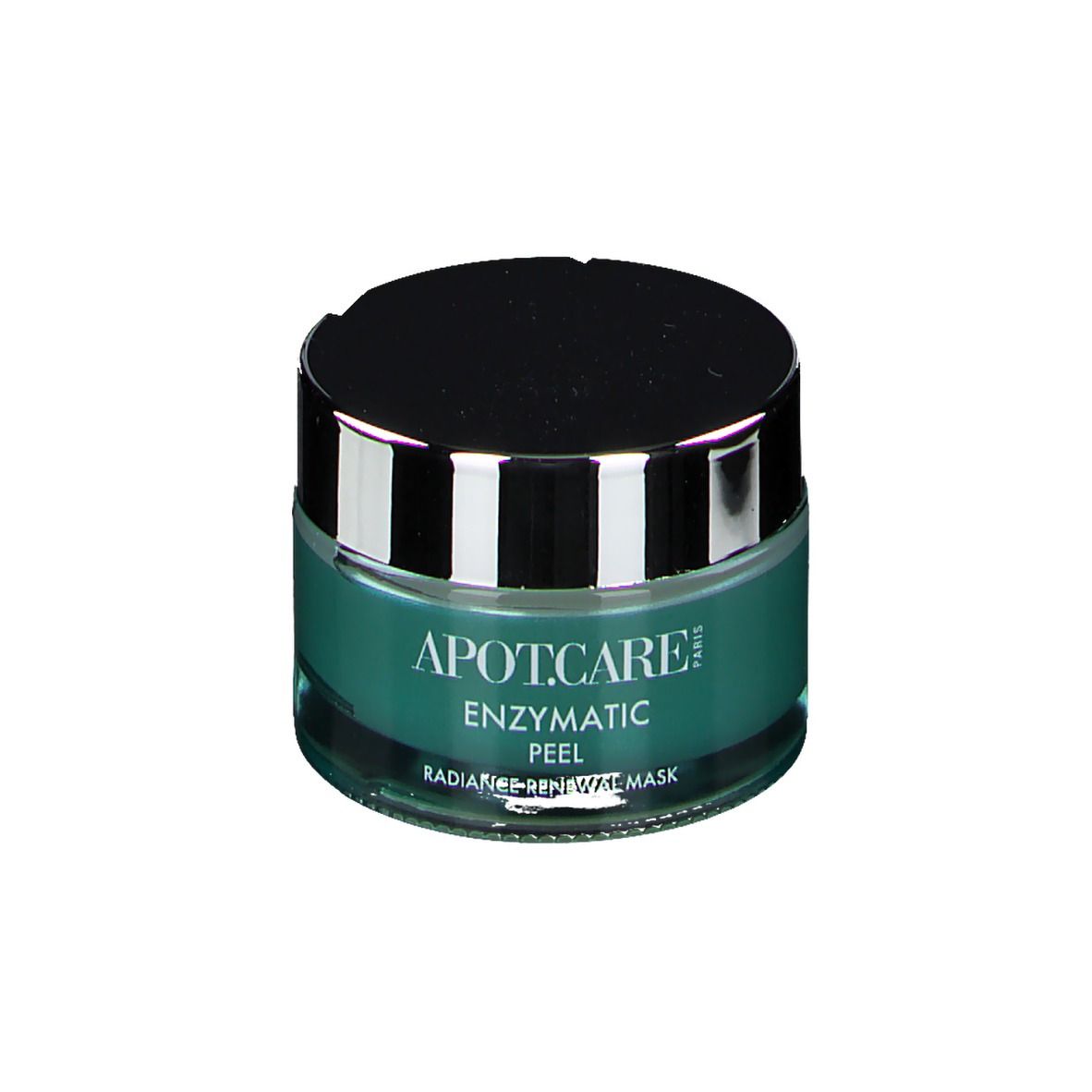 Pot de APOT.CARE Enzymatic Peel Maske. Couvercle noir, contenu turquoise. Inscription.