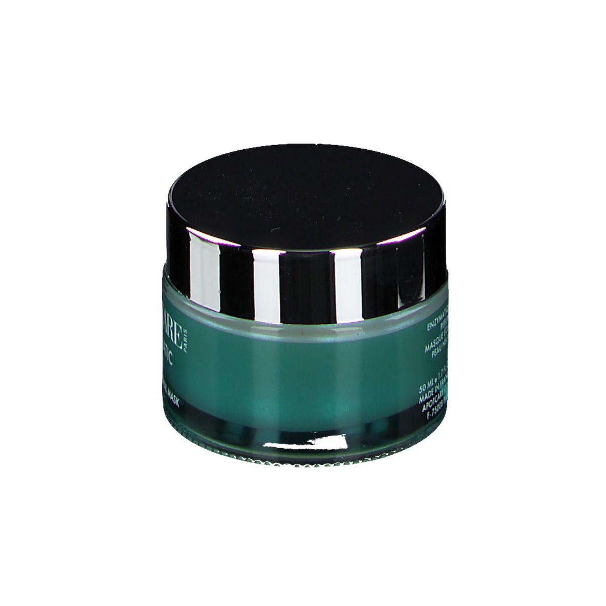 Pot de APOT.CARE Enzymatic Peel Maske. Couvercle noir, contenu turquoise. Vue latérale.