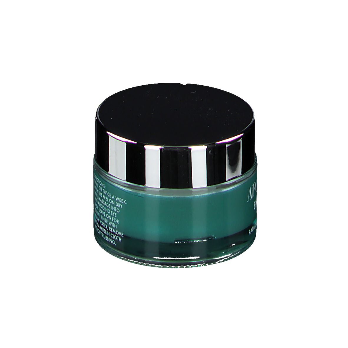 Pot de APOT.CARE Enzymatic Peel Maske. Dos avec texte. Couvercle noir.