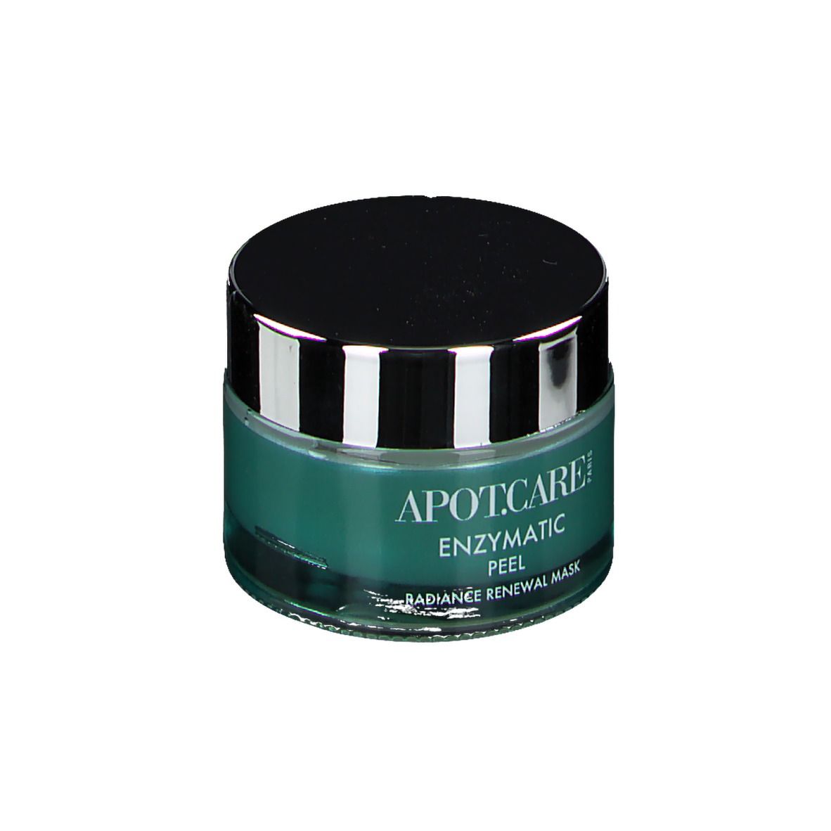 Pot de APOT.CARE Enzymatic Peel Maske. Couvercle noir, contenu turquoise. Inscription.