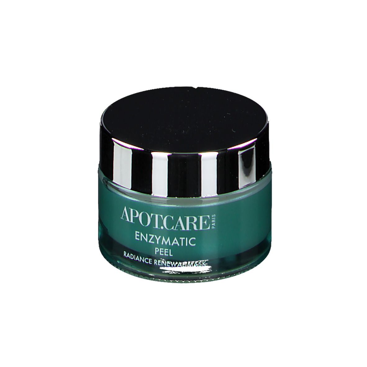 Pot de APOT.CARE Enzymatic Peel Maske. Couvercle noir, contenu turquoise. Inscription.