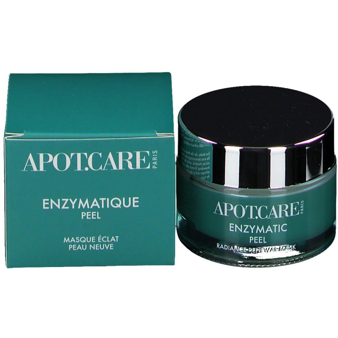 APOT.CARE Enzymatic Peel Maske et emballage. Turquoise, inscription. Couvercle noir.