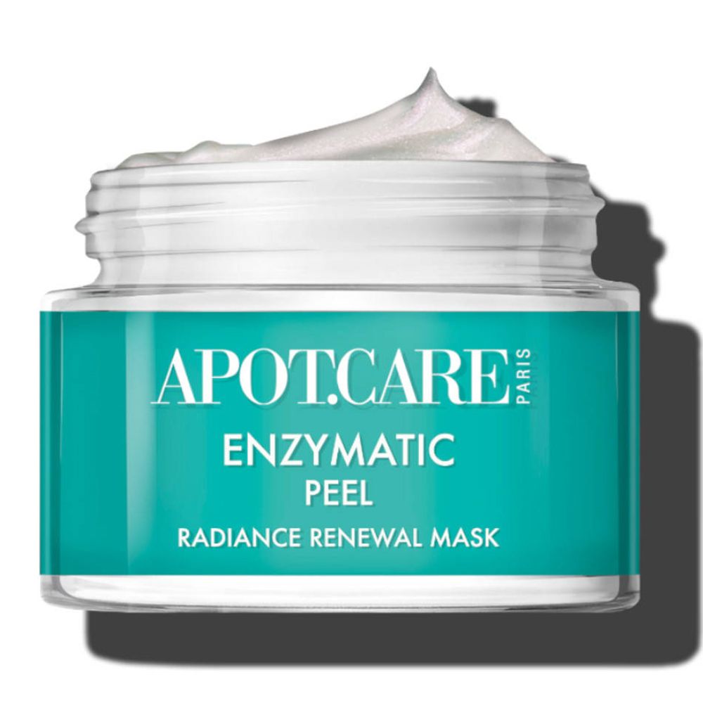Pot de APOT.CARE Enzymatic Peel Maske avec crème blanche. Couvercle argenté. Inscription.