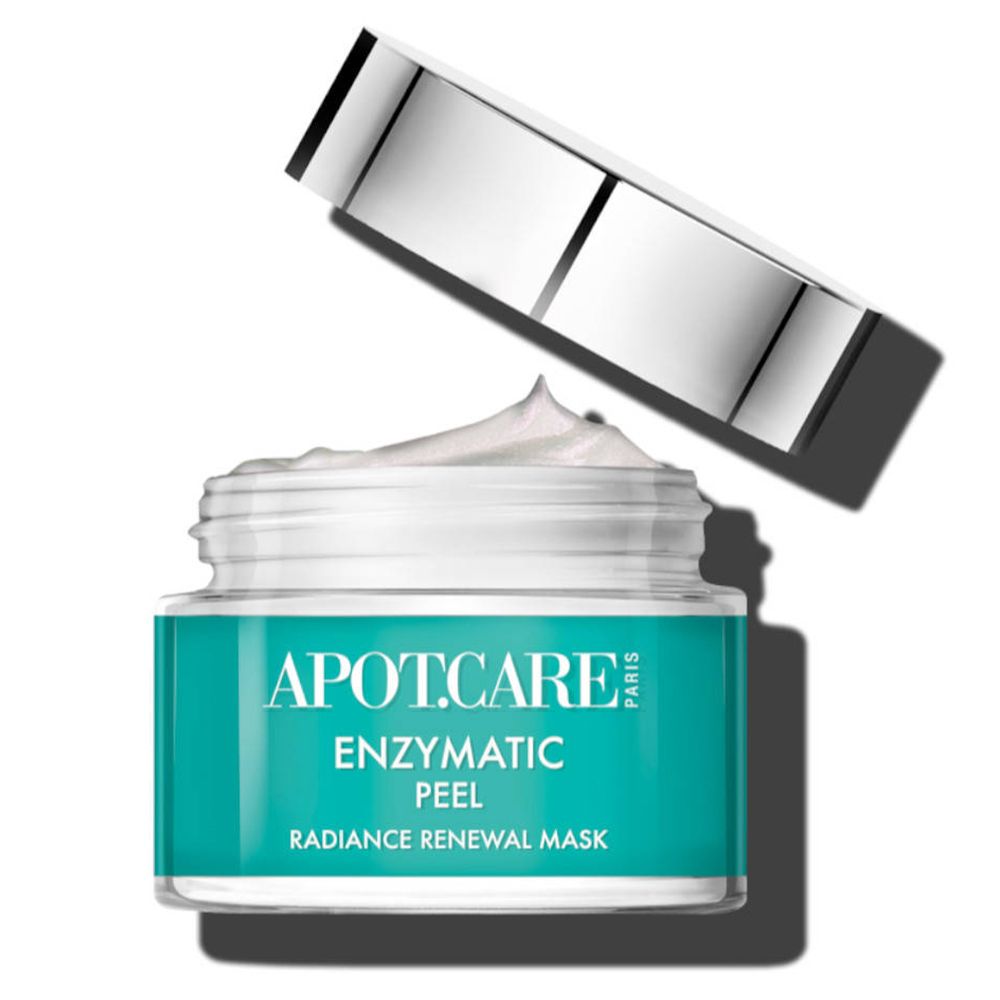 Pot de APOT.CARE Enzymatic Peel Maske, couvercle ouvert. Crème visible. Inscription.