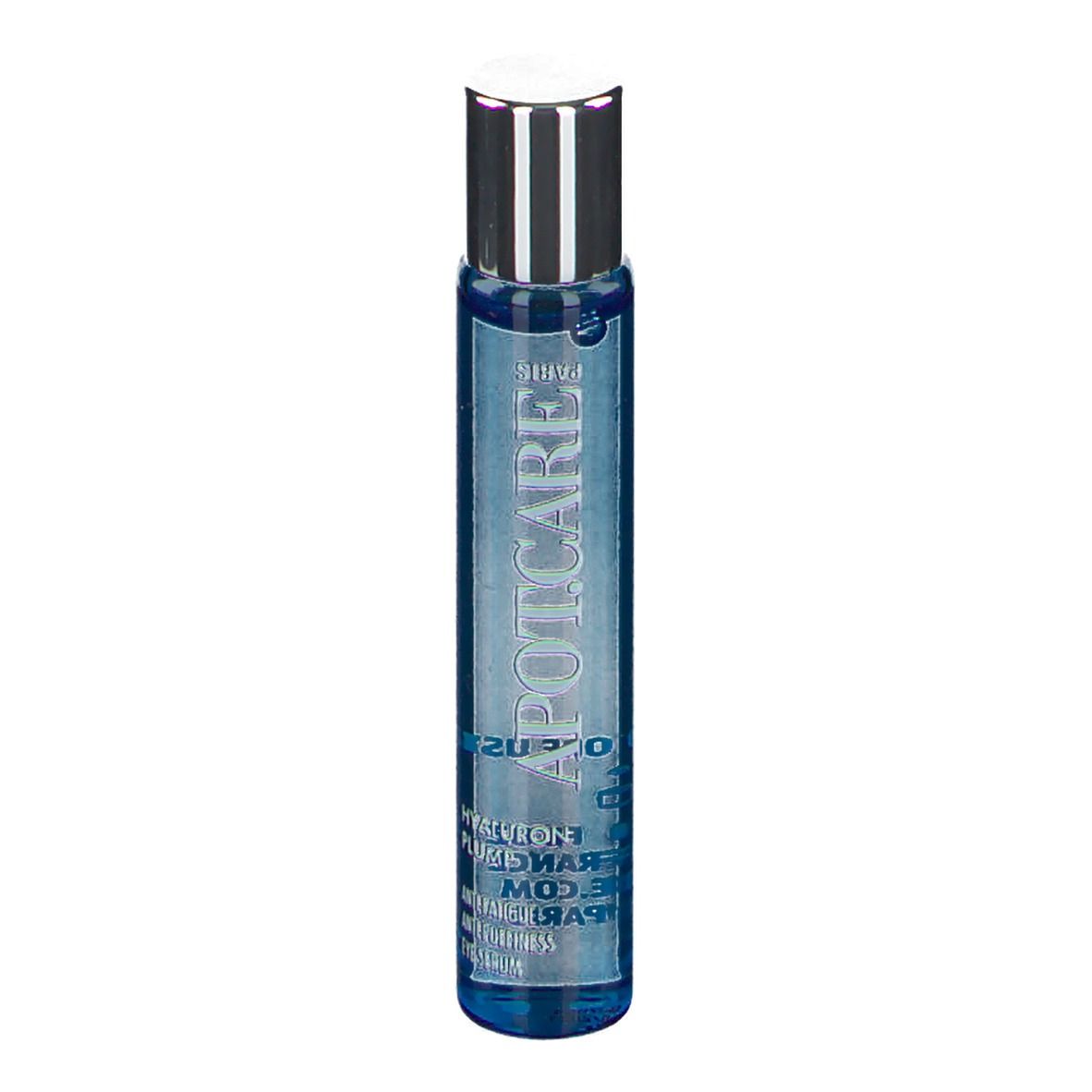 Blaues Serum mit silbernem Deckel. Aufschrift: APOT.CARE, Hyaluron Plump, Anti-Fatigue, Anti-Puffiness Eye Serum.