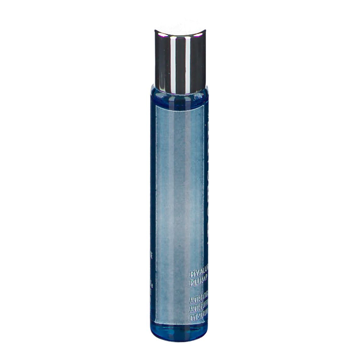 Blaues Serum mit silbernem Deckel. Aufschrift: APOT.CARE, Hyaluron Plump, Anti-Fatigue, Anti-Puffiness Eye Serum.