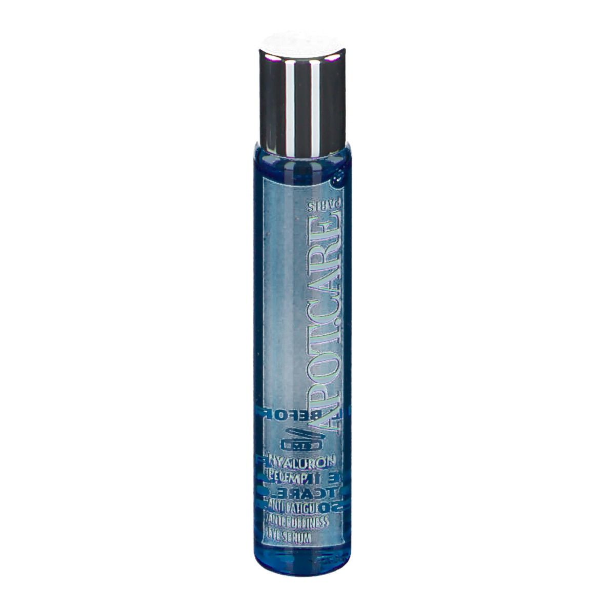 Blaues Serum mit silbernem Deckel. Aufschrift: APOT.CARE, Hyaluron Plump, Anti-Fatigue, Anti-Puffiness Eye Serum.