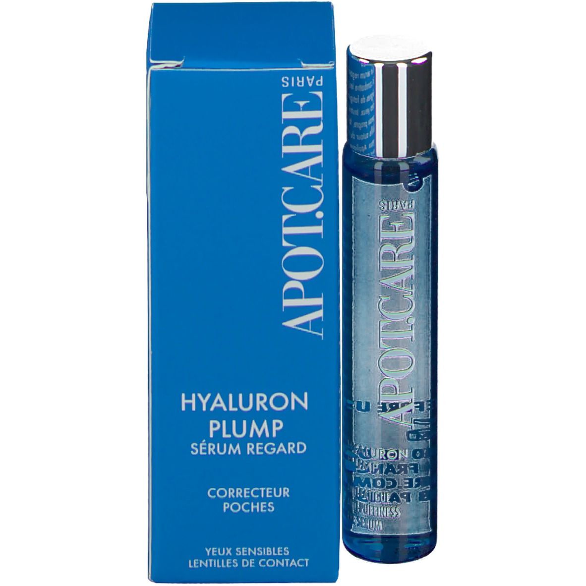 Blaues Serum mit silbernem Deckel und Verpackung. Aufschrift: APOT.CARE, Hyaluron Plump, Sérum Regard.