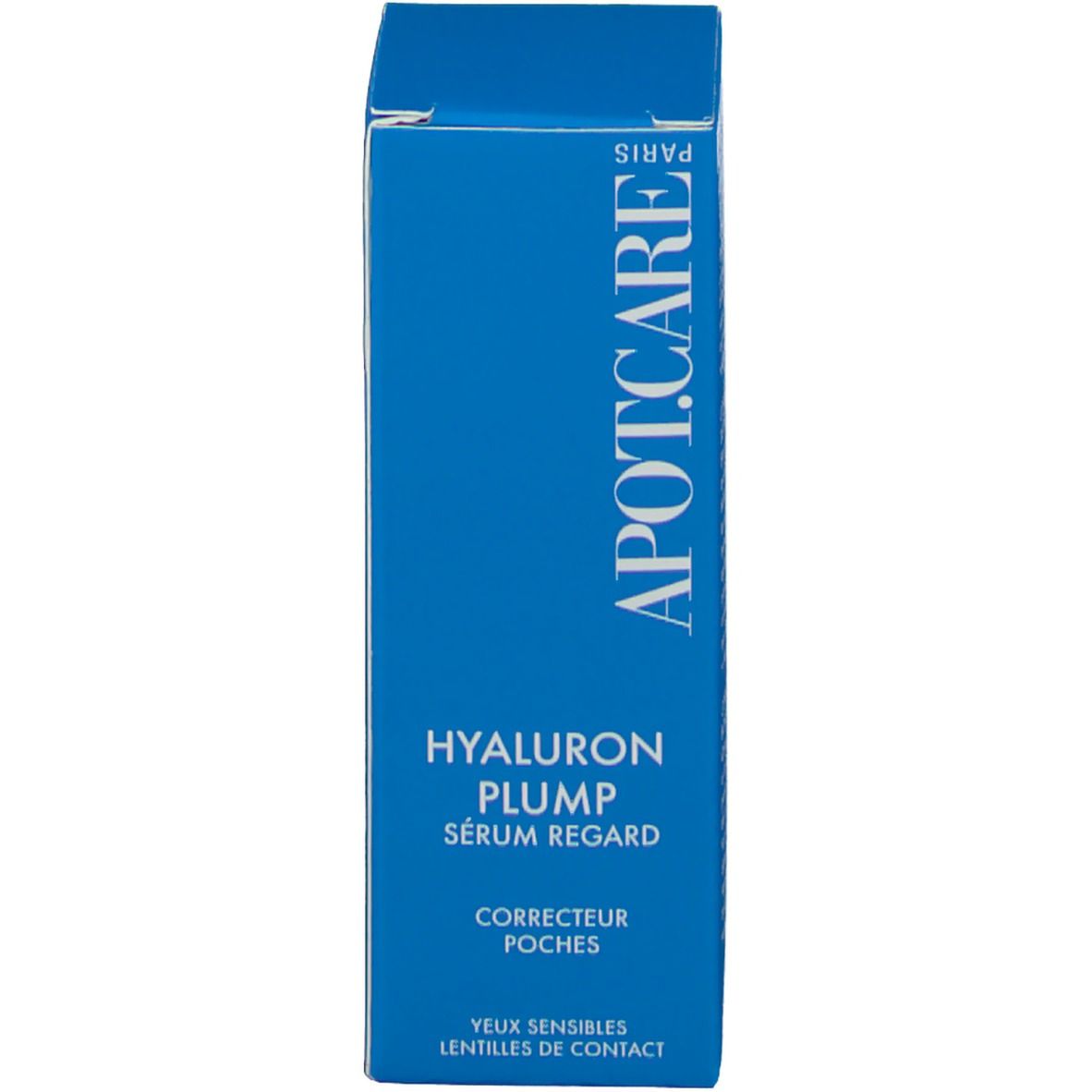 Blaue Verpackung. Aufschrift: APOT.CARE, Hyaluron Plump, Sérum Regard, Correcteur Poches, Yeux Sensibles.