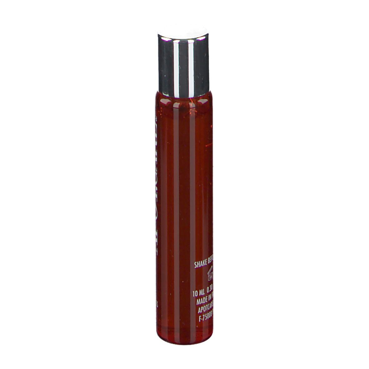 Flacon cylindrique APOT.CARE. Liquide brun. Inscription: Radiant C Eye Serum. Bouchon argenté.
