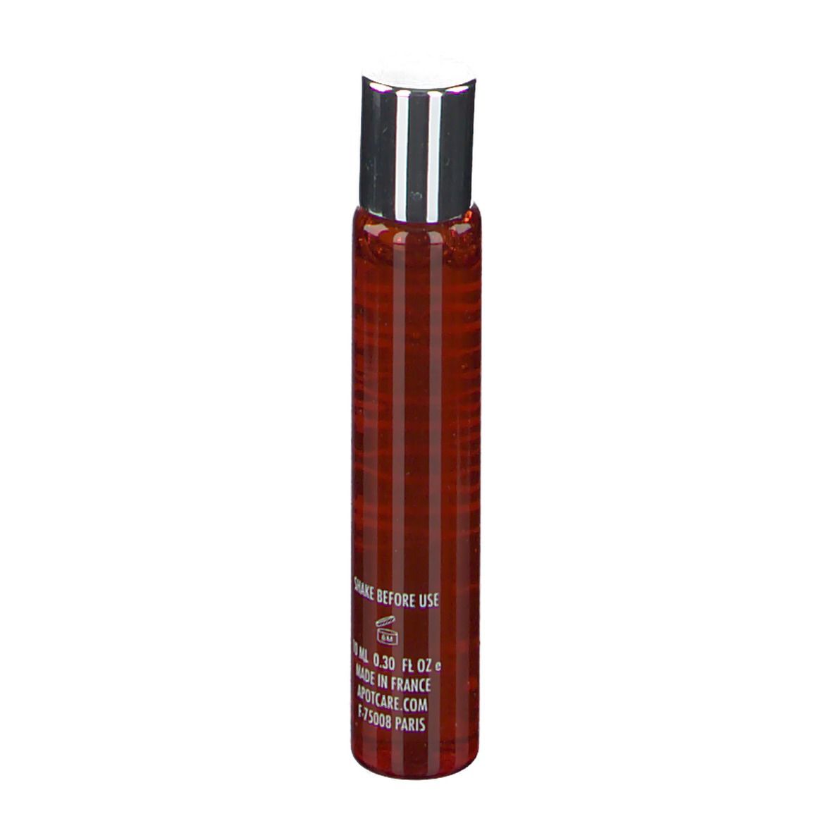 Flacon cylindrique APOT.CARE. Liquide brun. Inscription: Radiant C Eye Serum. Bouchon argenté.