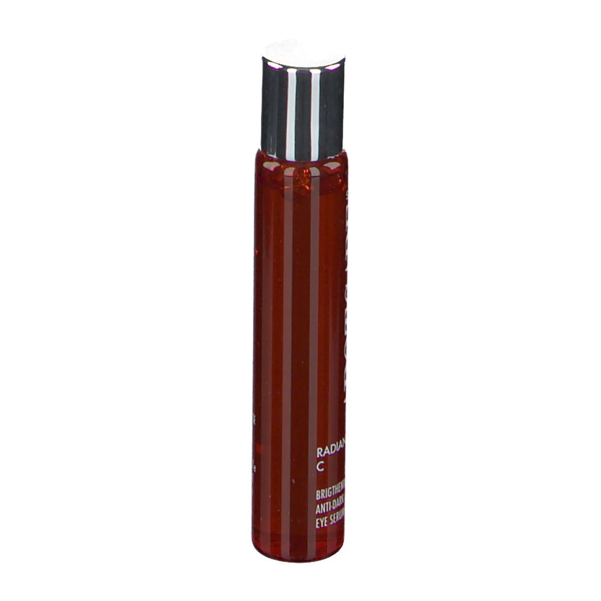 Flacon cylindrique APOT.CARE. Liquide brun. Inscription: Radiant C Eye Serum. Bouchon argenté.