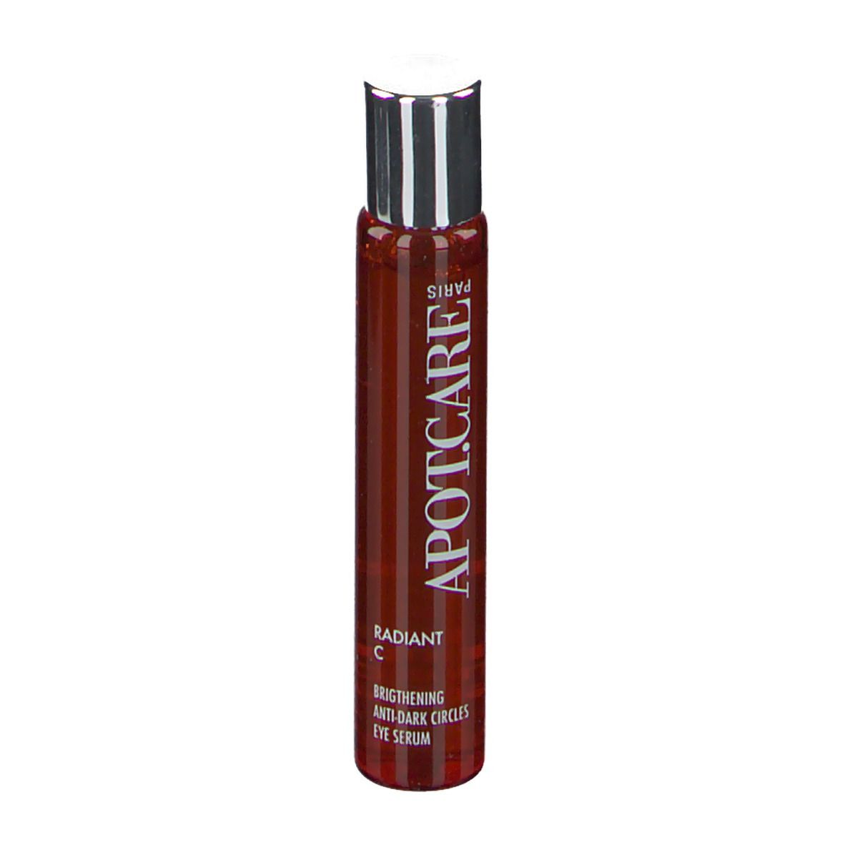 Flacon cylindrique APOT.CARE. Liquide brun. Inscription: Radiant C Eye Serum. Bouchon argenté.