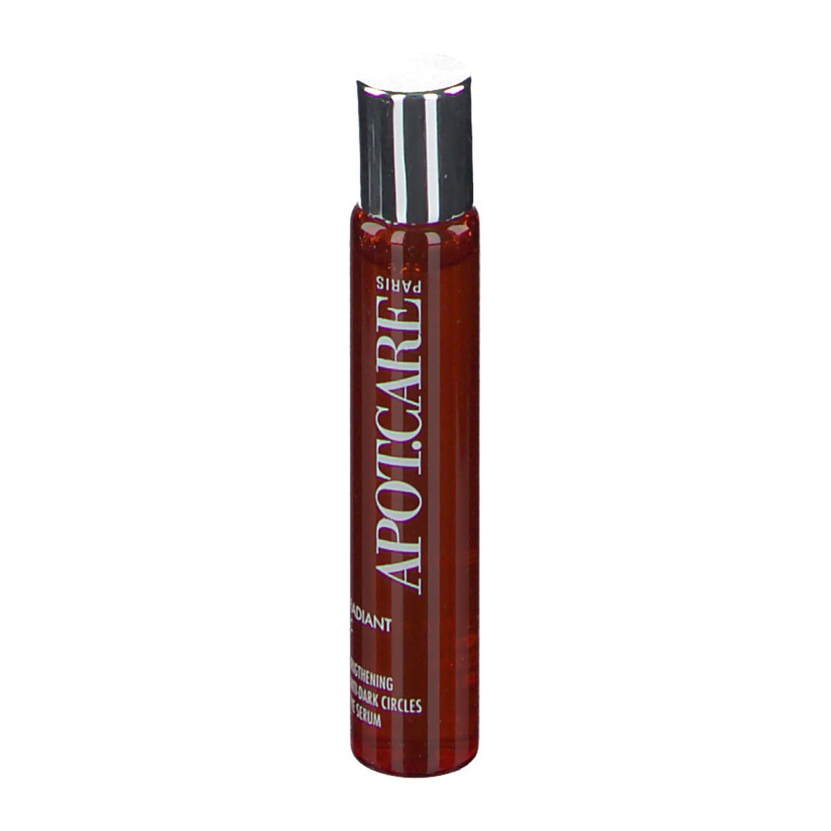 Flacon cylindrique APOT.CARE. Liquide brun. Inscription: Radiant C Eye Serum. Bouchon argenté.