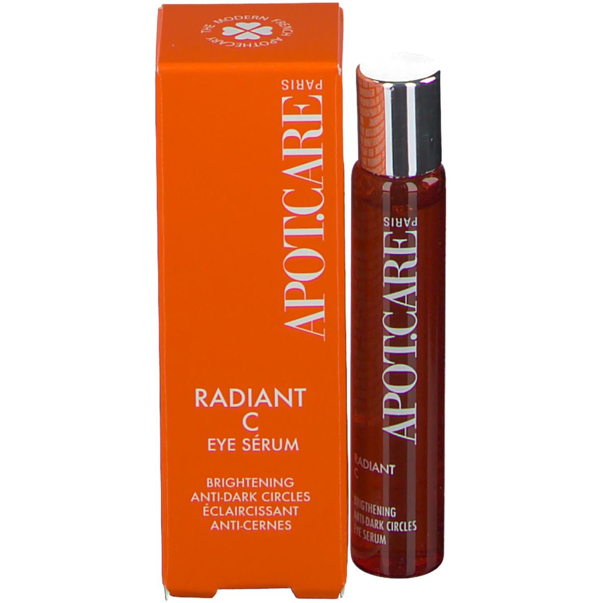 Flacon cylindrique APOT.CARE et emballage. Liquide brun. Inscription: Radiant C Eye Serum. Bouchon argenté.